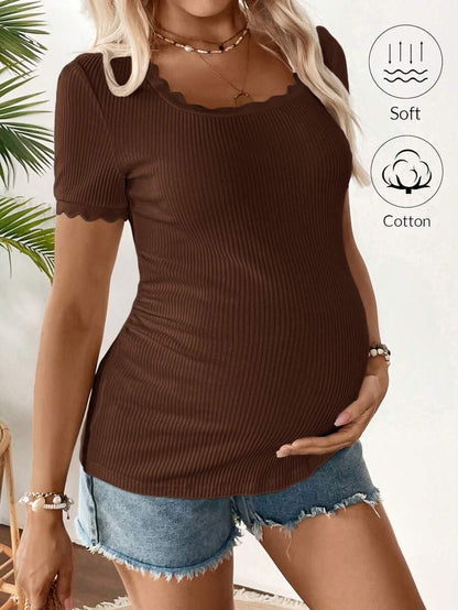 Maternity Square Neck Ribbed Short Sleeve T-Shirt - Slim Fit Cotton Knit Casual Tee with Scallop Trim Details