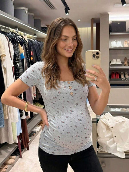 Maternity Grey Ditsy Floral Square Neck Short Sleeve T-Shirt - Slim Fit Knitted Summer Top for Pregnant Women