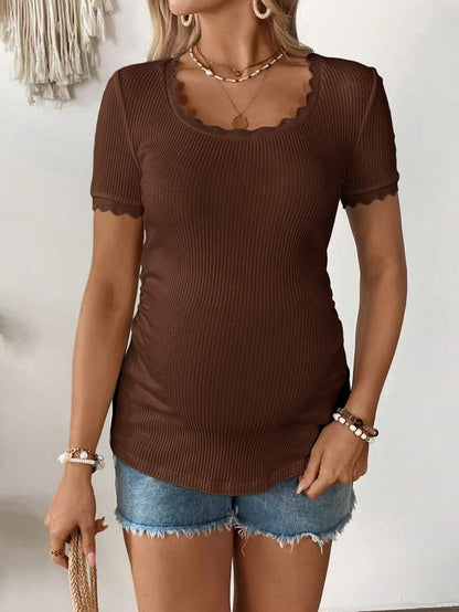 Maternity Square Neck Ribbed Short Sleeve T-Shirt - Slim Fit Cotton Knit Casual Tee with Scallop Trim Details