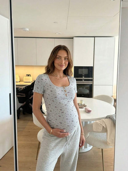 Maternity Grey Ditsy Floral Square Neck Short Sleeve T-Shirt - Slim Fit Knitted Summer Top for Pregnant Women