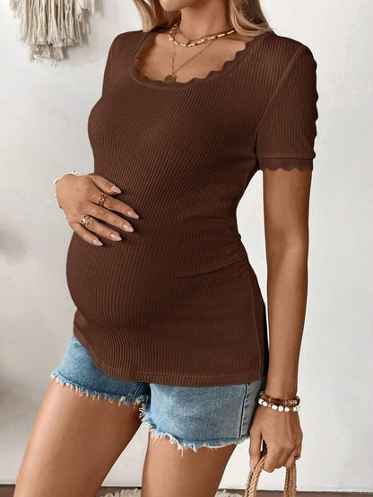 Maternity Square Neck Ribbed Short Sleeve T-Shirt - Slim Fit Cotton Knit Casual Tee with Scallop Trim Details