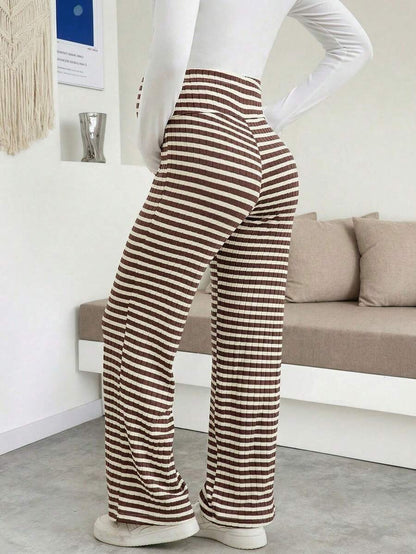 Maternity Plus Size High Waist Striped Wide Leg Pants - Black & Gray Knit Belly Support Lounge Trousers