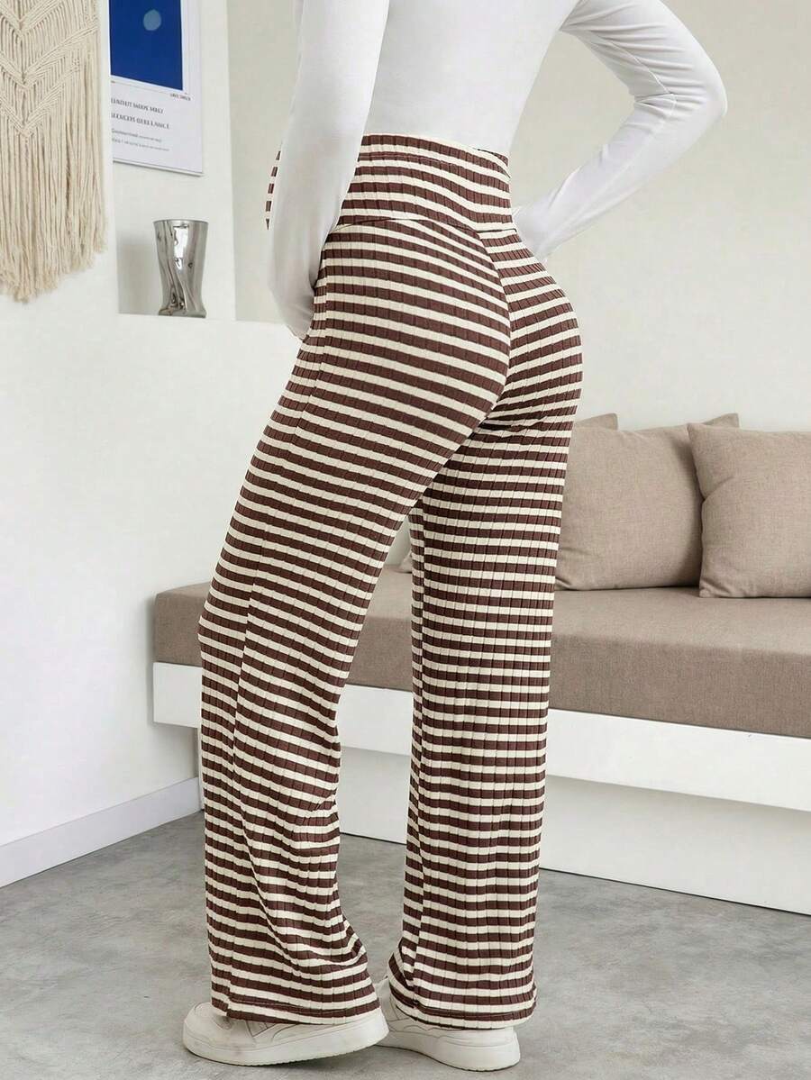 Maternity Wide Leg Pants - High Waist Striped Belly Support, Brown
