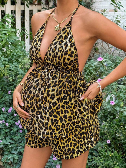 Maternity Sexy Halter Backless Leopard Print Top and Shorts 2 Piece Set Slim Fit Red Holiday Summer Outfit