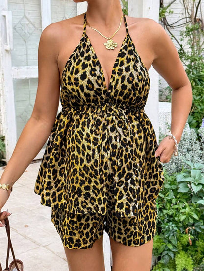 Maternity Sexy Halter Backless Leopard Print Top and Shorts 2 Piece Set Slim Fit Red Holiday Summer Outfit