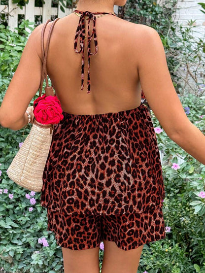 Maternity Sexy Halter Backless Leopard Print Top and Shorts 2 Piece Set Slim Fit Red Holiday Summer Outfit