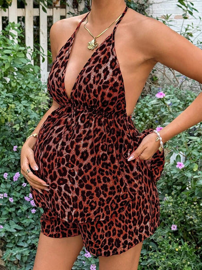Maternity Sexy Halter Backless Leopard Print Top and Shorts 2 Piece Set Slim Fit Red Holiday Summer Outfit