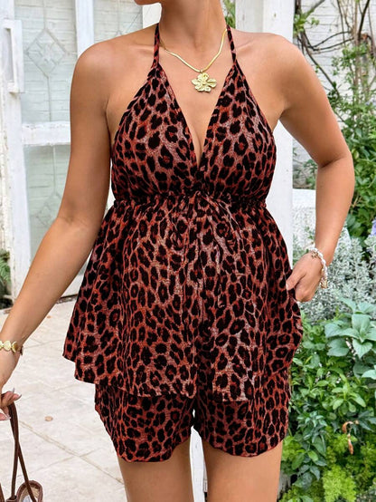Maternity Sexy Halter Backless Leopard Print Top and Shorts 2 Piece Set Slim Fit Red Holiday Summer Outfit