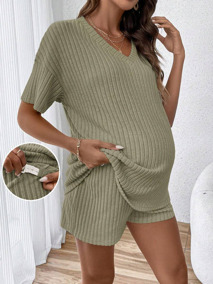 Maternity V-Neck Short Sleeve Rib-Knit Top and Adjustable Elastic Waist Shorts Set - Loose Fit Casual 2-Piece Lounge Outfit in Apricot