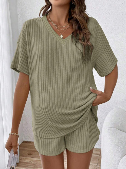 Maternity V-Neck Short Sleeve Rib-Knit Top and Adjustable Elastic Waist Shorts Set - Loose Fit Casual 2-Piece Lounge Outfit in Apricot