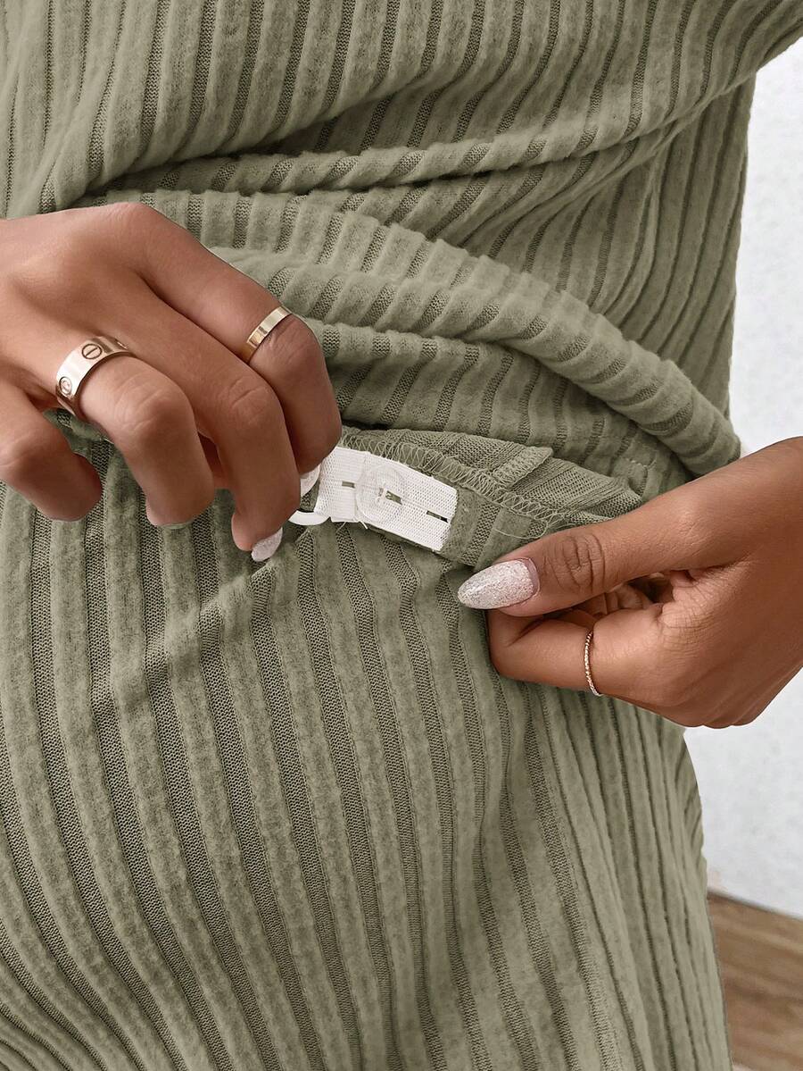 Maternity V-Neck Short Sleeve Rib-Knit Top and Adjustable Elastic Waist Shorts Set - Loose Fit Casual 2-Piece Lounge Outfit in Apricot