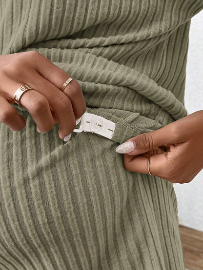 Maternity V-Neck Short Sleeve Rib-Knit Top and Adjustable Elastic Waist Shorts Set - Loose Fit Casual 2-Piece Lounge Outfit in Apricot