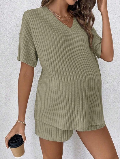 Maternity V-Neck Short Sleeve Rib-Knit Top and Adjustable Elastic Waist Shorts Set - Loose Fit Casual 2-Piece Lounge Outfit in Apricot