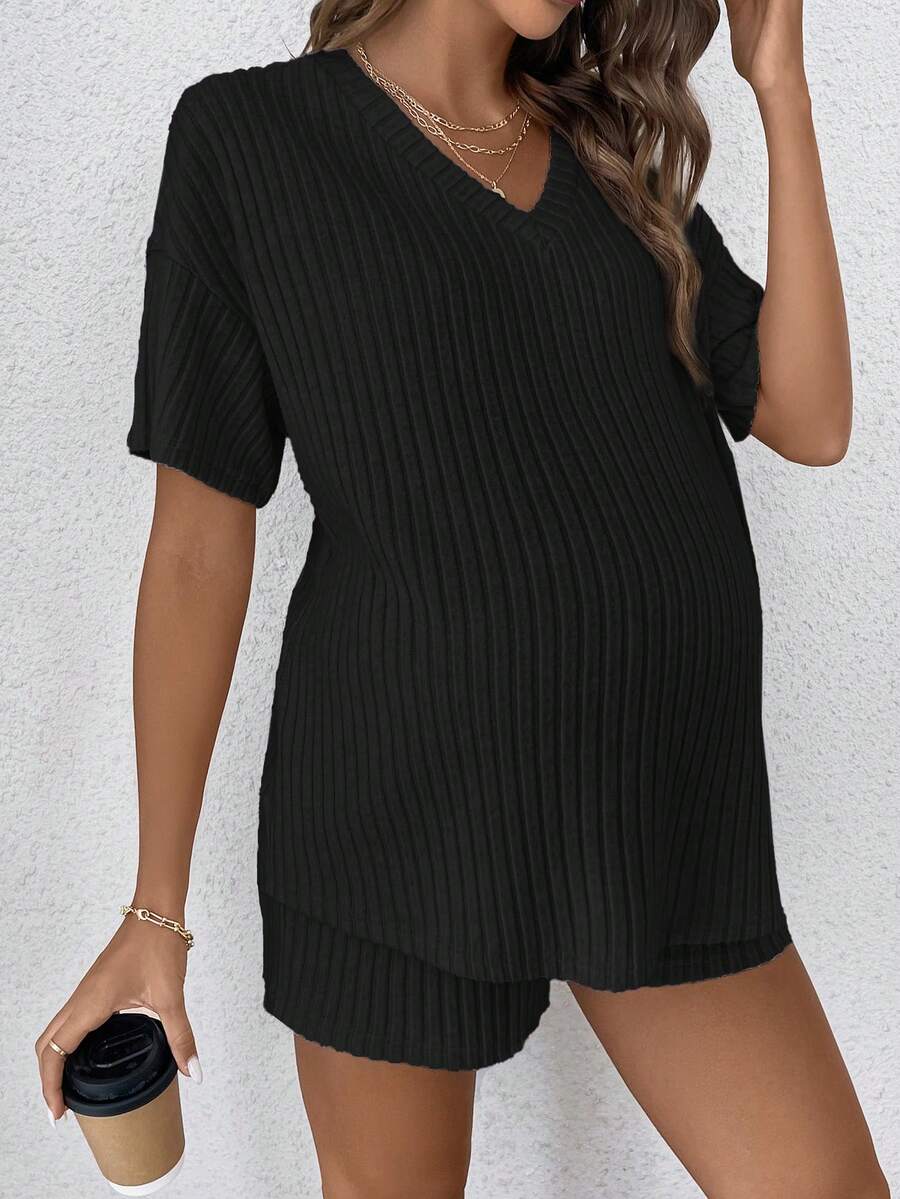 Casual V-Neck Rib-Knit Short Sleeve Tee and Shorts Maternity Set, Loose Fit Adjustable Waist 2-Piece Lounge Outfit