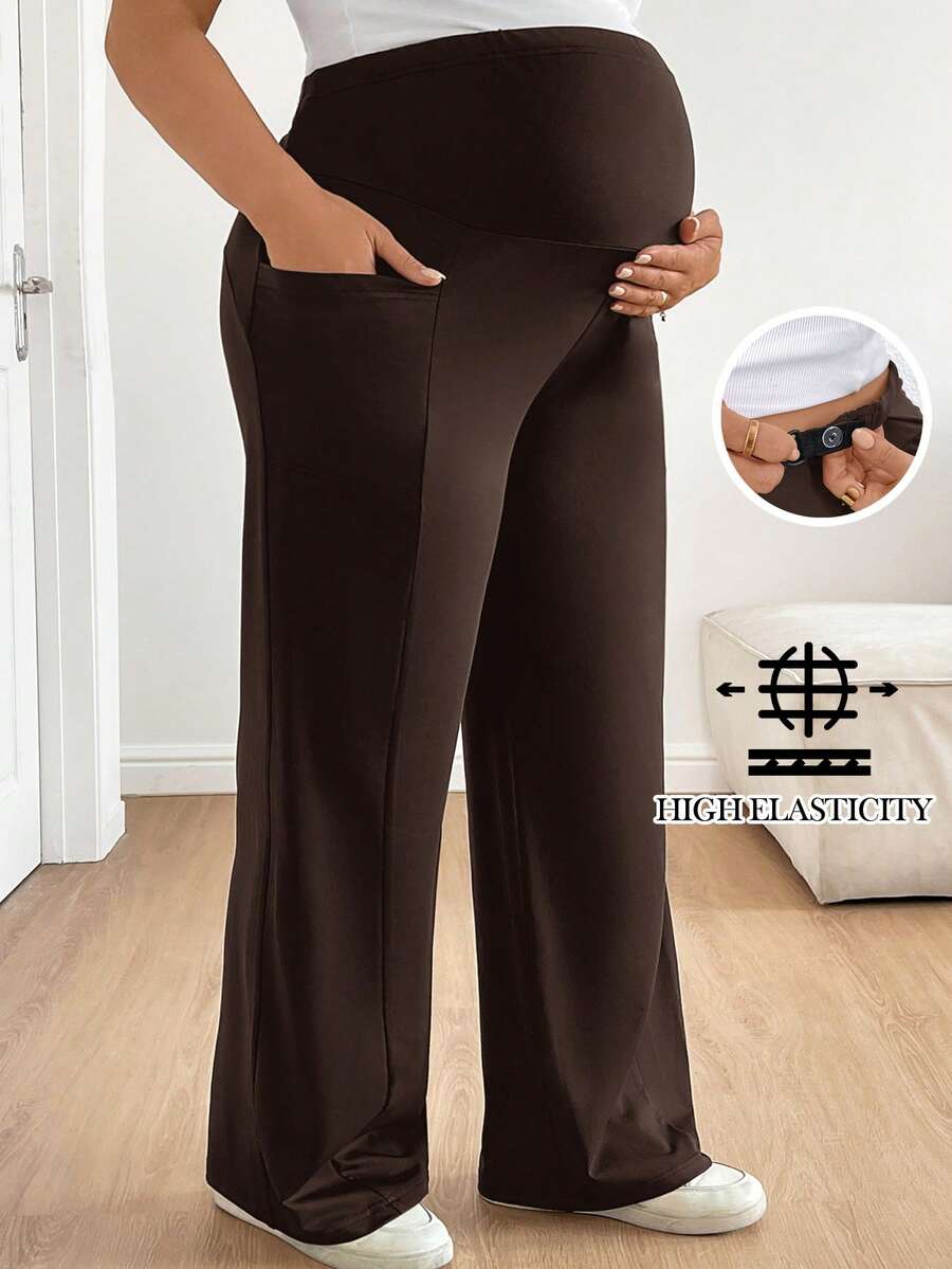 Plus Size Maternity Wide Leg Pants - Adjustable Ultra High Waist, Army Green