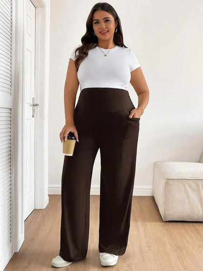 Plus Size Maternity Wide Leg Pants - Adjustable Ultra High Waist, Army Green