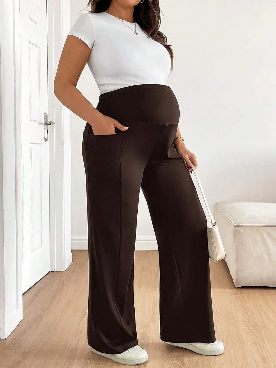Plus Size Maternity Wide Leg Pants - Adjustable Ultra High Waist, Army Green