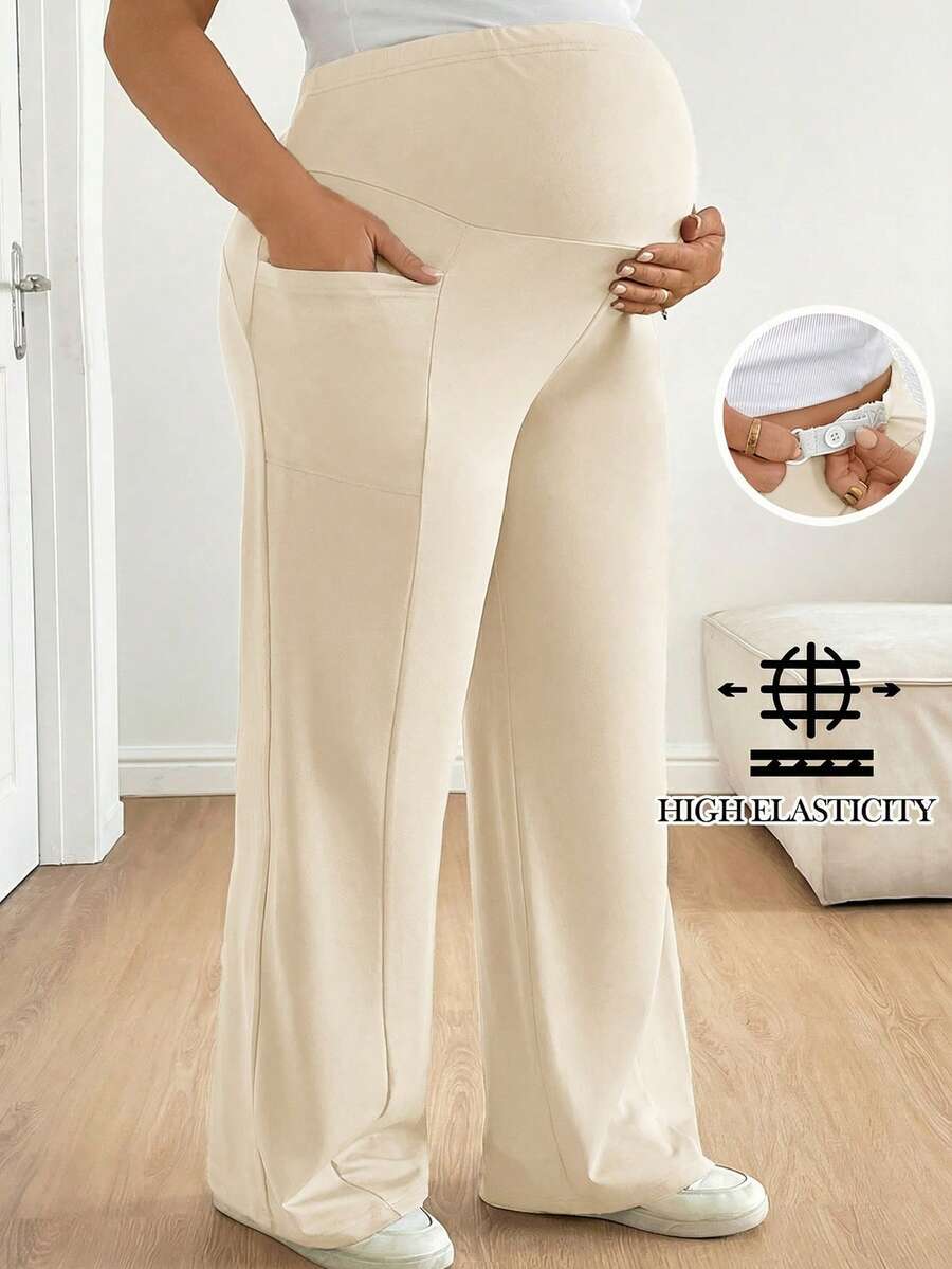Plus Size Maternity Wide Leg Pants - Adjustable Ultra High Waist, Army Green