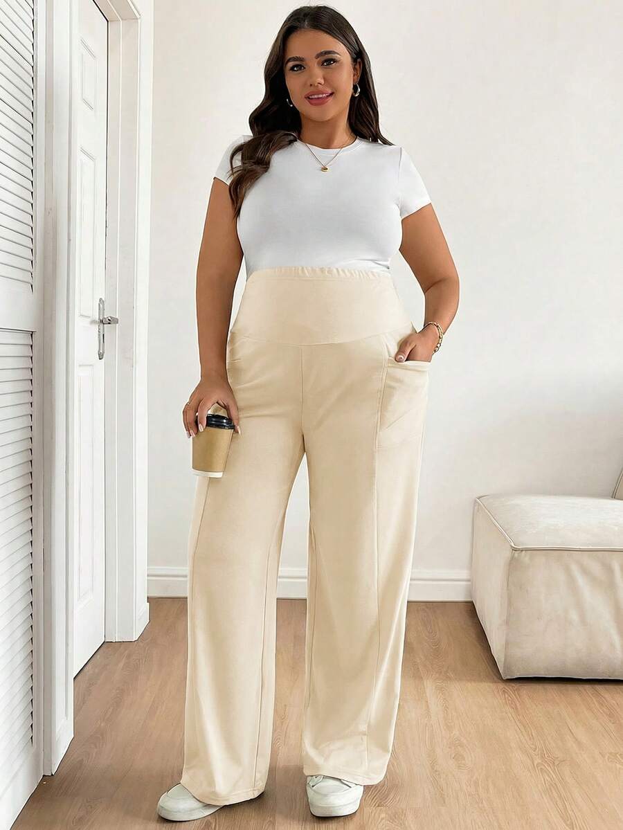 Plus Size Maternity Wide Leg Pants - Adjustable Ultra High Waist, Army Green