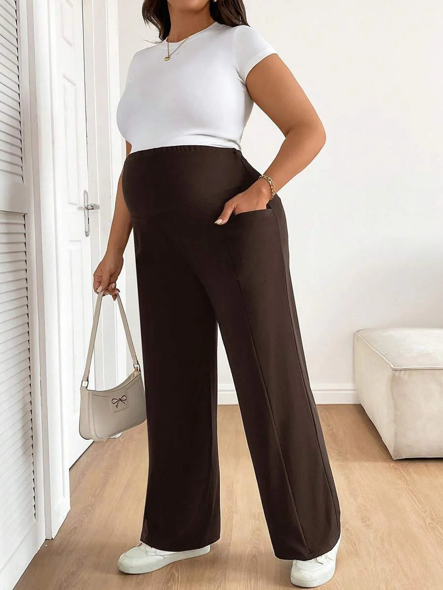 Plus Size Maternity Wide Leg Pants - Adjustable Ultra High Waist, Army Green