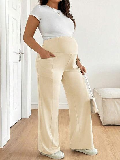Plus Size Maternity Wide Leg Pants - Adjustable Ultra High Waist, Army Green
