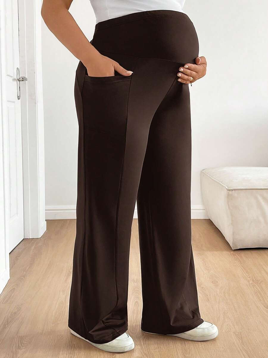 Plus Size Maternity Wide Leg Pants - Adjustable Ultra High Waist, Army Green