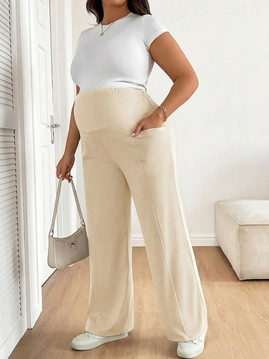 Plus Size Maternity Wide Leg Pants - Adjustable Ultra High Waist, Army Green