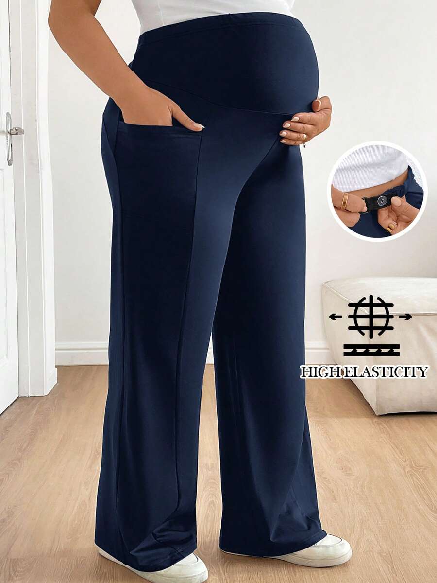 Plus Size Maternity Wide Leg Pants - Adjustable Ultra High Waist, Army Green