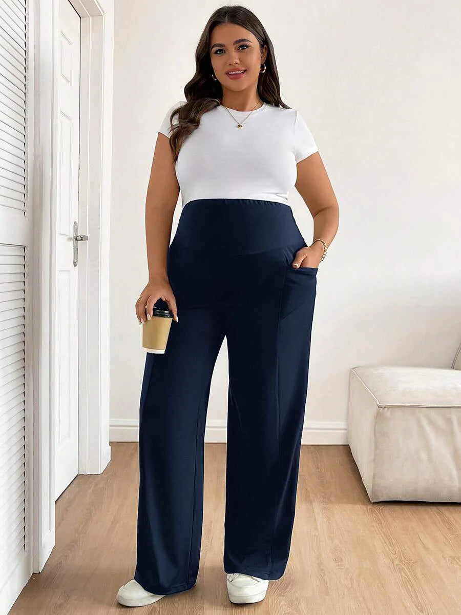 Plus Size Maternity Wide Leg Pants - Adjustable Ultra High Waist, Army Green