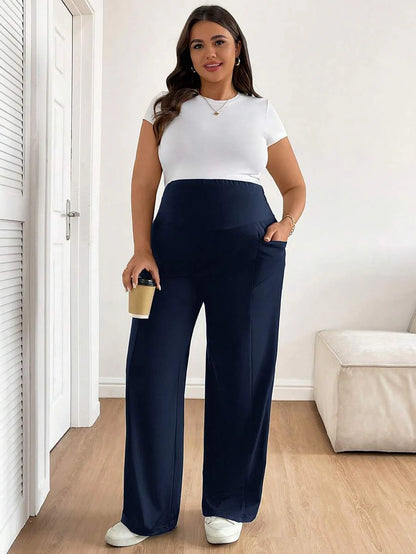 Plus Size Maternity Wide Leg Pants - Adjustable Ultra High Waist, Army Green