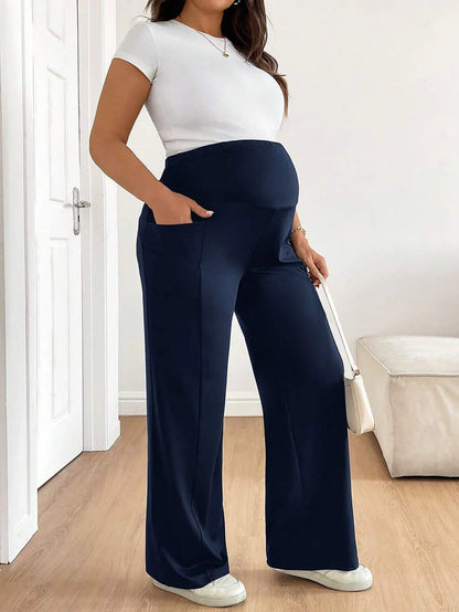Plus Size Maternity Wide Leg Pants - Adjustable Ultra High Waist, Army Green