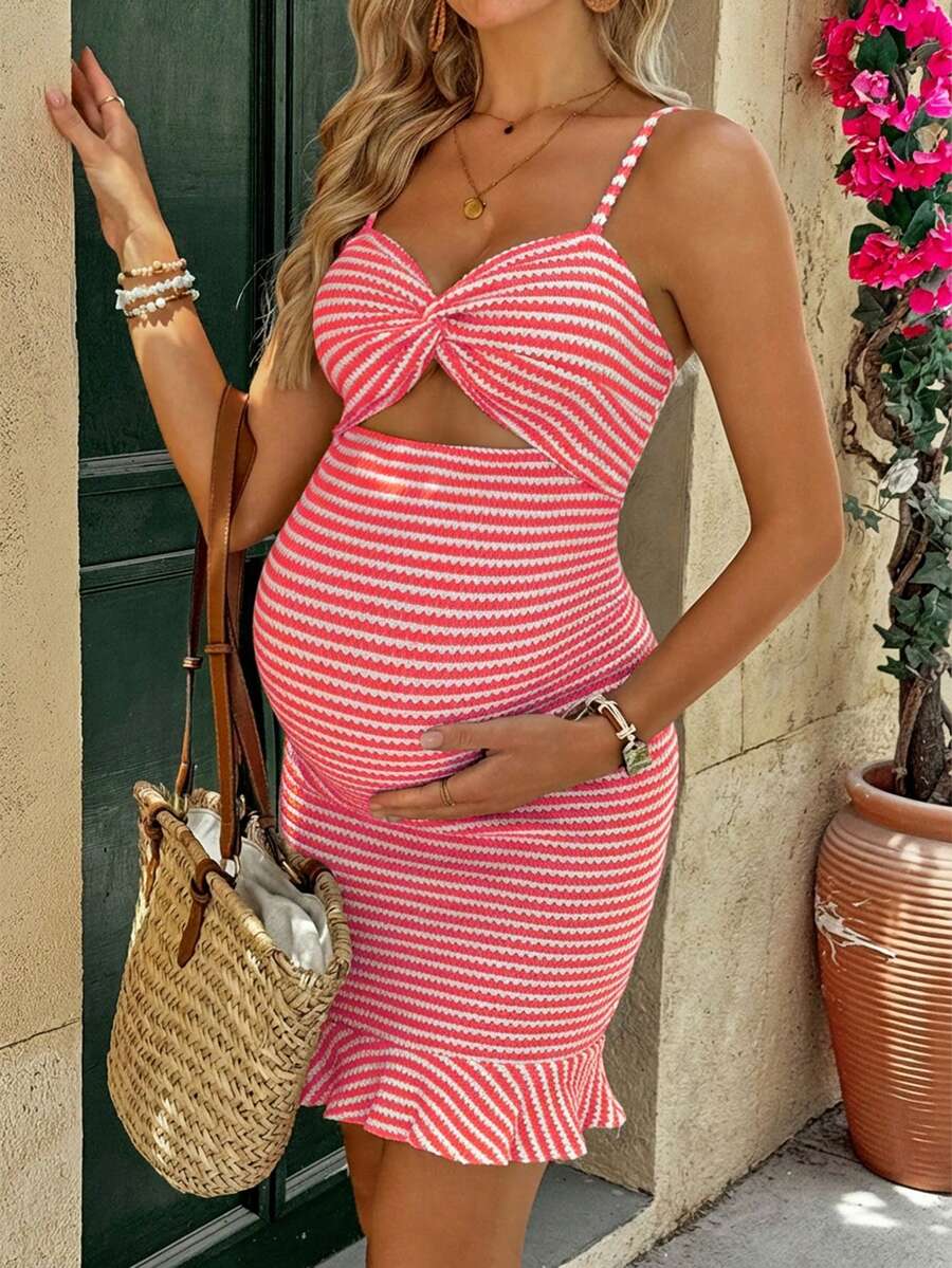 Maternity Vacation Casual Hot Pink Striped Twist Hollow Out Fitted Camisole Dress for Beach and Summer