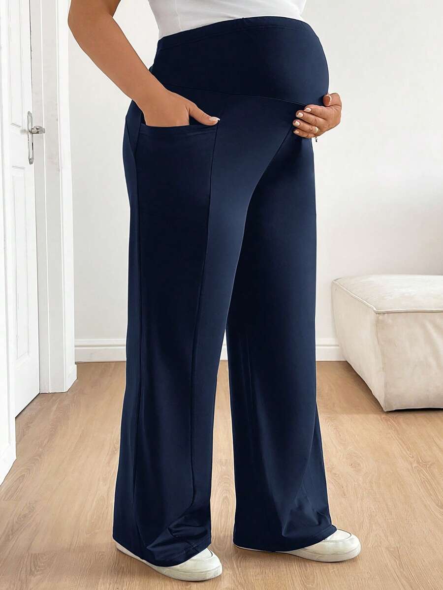 Plus Size Maternity Wide Leg Pants - Adjustable Ultra High Waist, Army Green