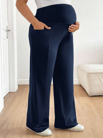 Plus Size Maternity Wide Leg Pants - Adjustable Ultra High Waist, Army Green