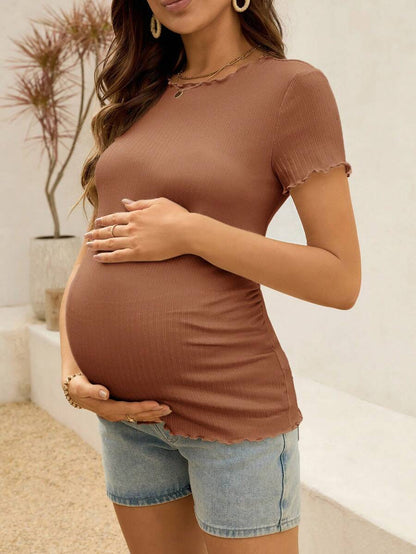 Maternity White Ribbed Summer Top - Lettuce-Edge Form-Fitting Short Sleeve