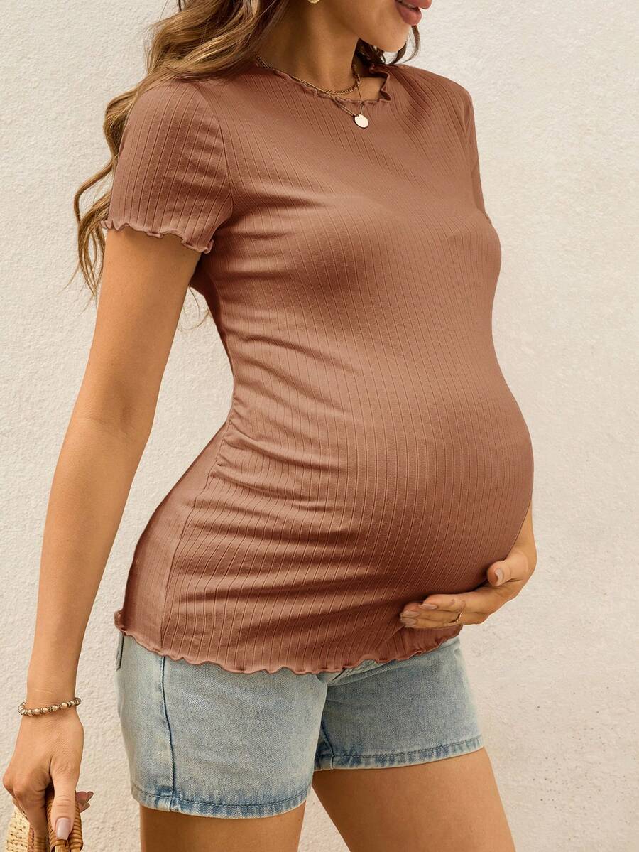 Maternity Ribbed Lettuce-Edge Form-Fitting Short Sleeve Top