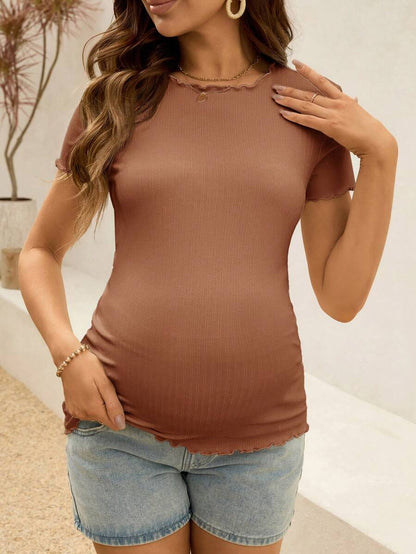 Maternity Ribbed Lettuce-Edge Form-Fitting Short Sleeve Top