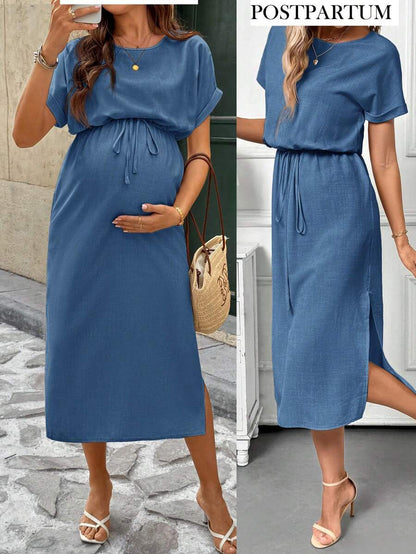 Black Maternity Midi Dress - Short Batwing Sleeve High Waist Round Neck Casual Dress with Drawstring Detail for Pregnancy