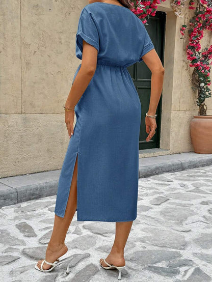 Black Maternity Midi Dress - Short Batwing Sleeve High Waist Round Neck Casual Dress with Drawstring Detail for Pregnancy