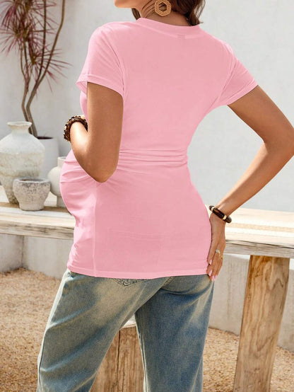 Cherry Embroidery V-Neck Maternity T-Shirt - Slim Fit Ruched Short Sleeve Pregnancy Top in Burgundy Knit