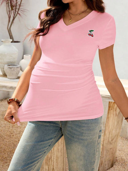 Cherry Embroidery V-Neck Maternity T-Shirt - Slim Fit Ruched Short Sleeve Pregnancy Top in Burgundy Knit