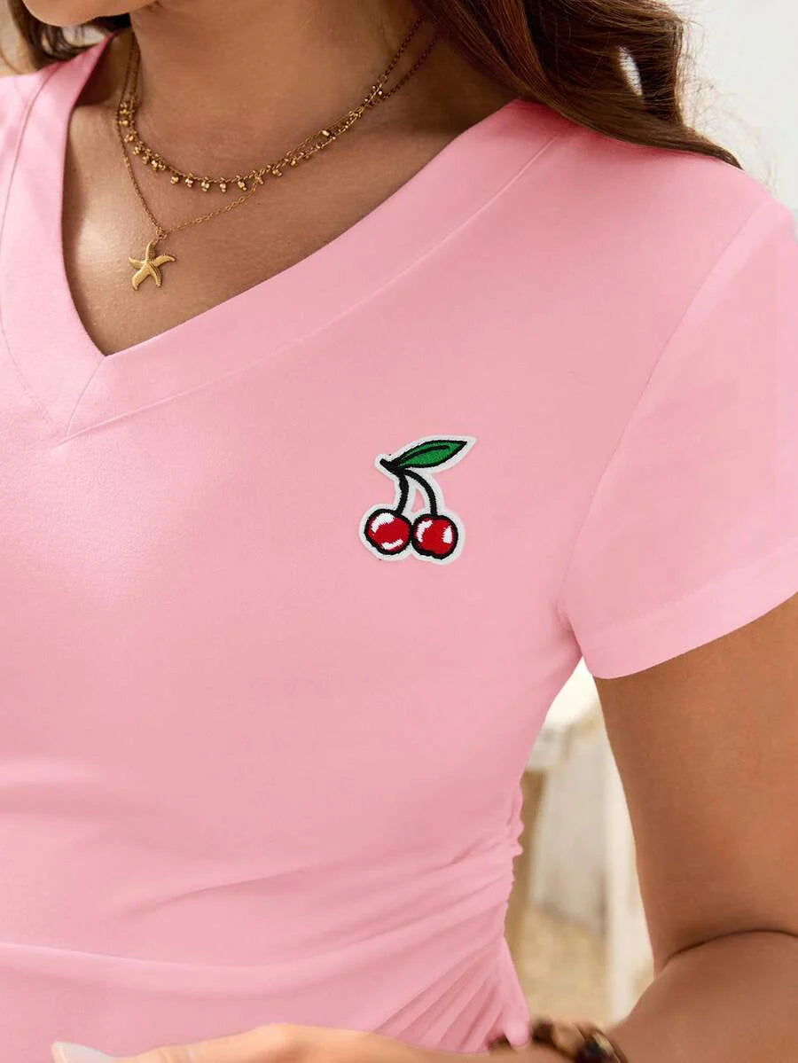 Cherry Embroidery V-Neck Maternity T-Shirt - Slim Fit Ruched Short Sleeve Pregnancy Top in Burgundy Knit