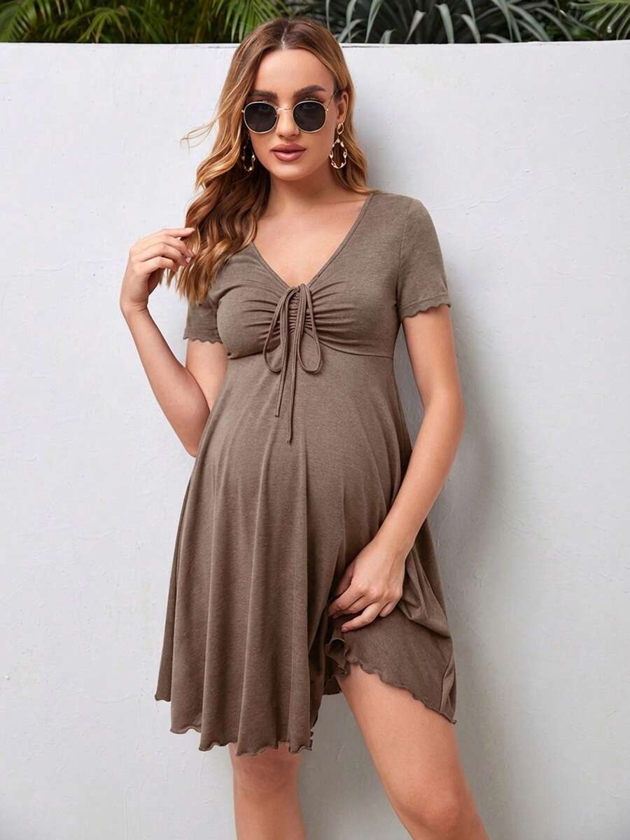 Army Green Maternity V Neck Ruched Drawstring A-Line Dress - Short Sleeve High Waist Flared Beach Mini Dress