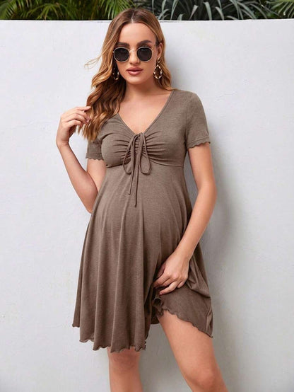 Maternity V-Neck Knot Front A-Line Dress - Short Sleeve Ruched High Waist Summer Dress for Daily Commute