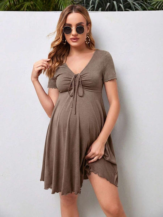 Maternity V-Neck Knot Front A-Line Dress - Short Sleeve Ruched High Waist Summer Dress for Daily Commute