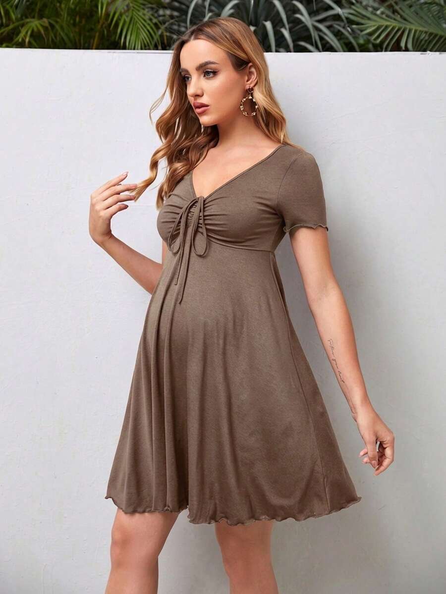 Maternity V-Neck Knot Front A-Line Dress - Short Sleeve Ruched High Waist Summer Dress for Daily Commute