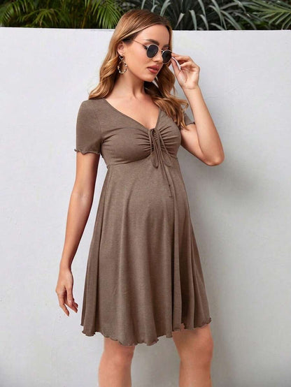 Maternity Drawstring Front Lettuce Trim Dress V-Neck Short Sleeve High Waist A-Line Flared Black Beach Sun Dress
