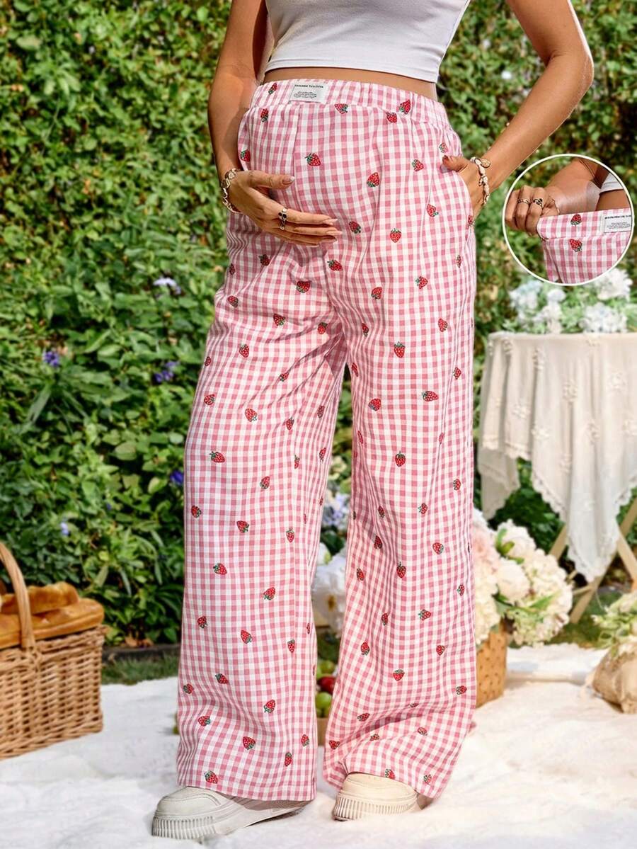Blue and White Strawberry Plaid Maternity Pants - Boho Ultra High Waist Straight Leg Trousers - Loose Fit Spring Fall Maternity Bottoms