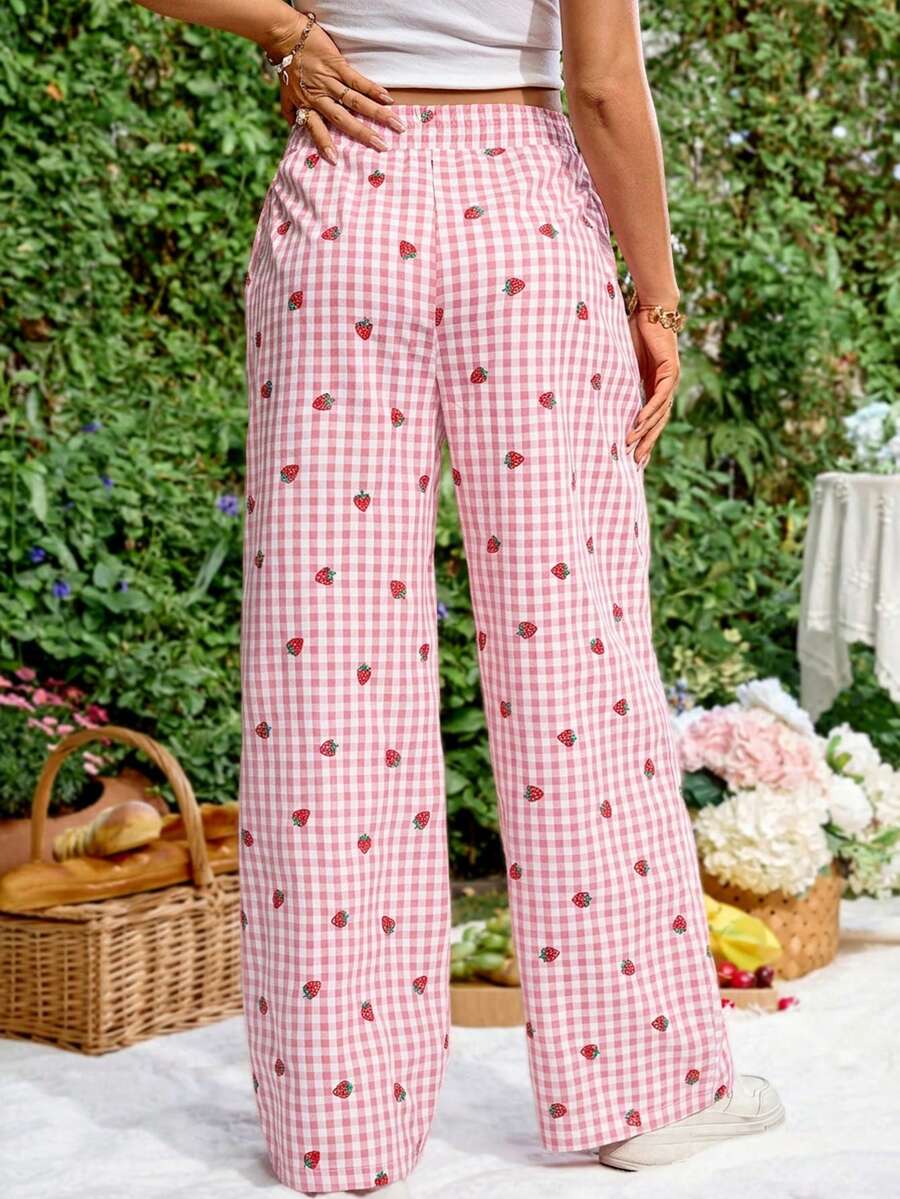 Blue and White Strawberry Plaid Maternity Pants - Boho Ultra High Waist Straight Leg Trousers - Loose Fit Spring Fall Maternity Bottoms