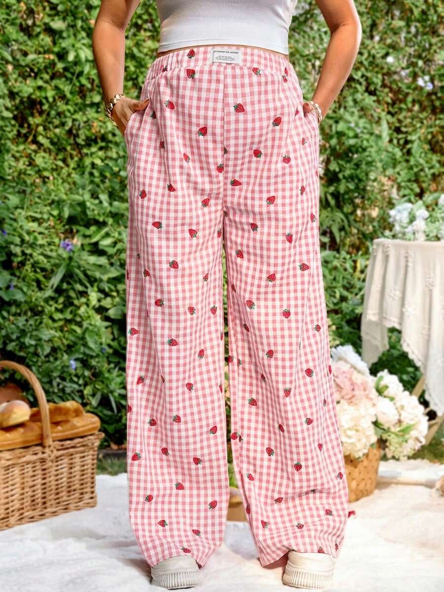 Blue and White Strawberry Plaid Maternity Pants - Boho Ultra High Waist Straight Leg Trousers - Loose Fit Spring Fall Maternity Bottoms